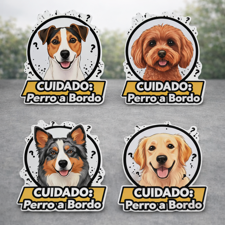 🚗 PEGATINA “CUIDADO: PERRO A BORDO” PERSONALIZADA