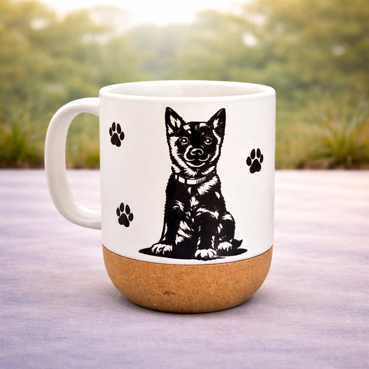 Taza de cerámica con base de corcho personalizada con vinilo adhesivo