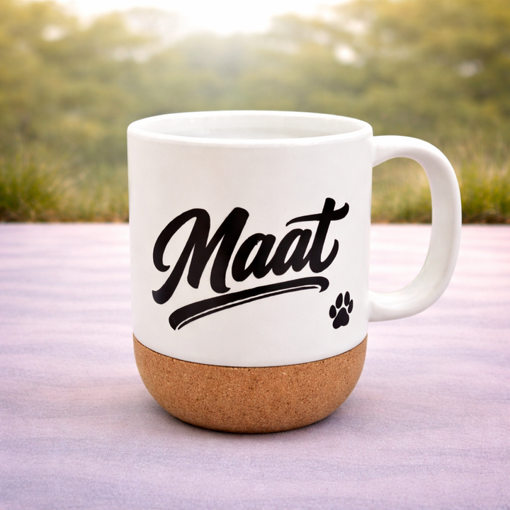 Taza de cerámica con base de corcho personalizada con vinilo adhesivo